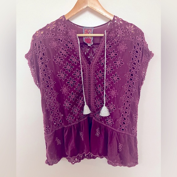 Johnny Was Leith Bohemian Eyelet Top Purple XS - Picture 6 of 16